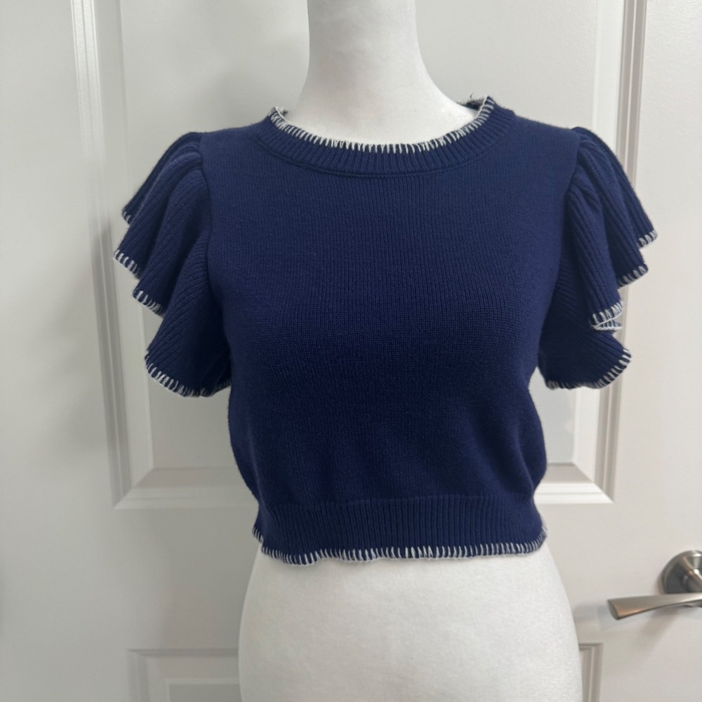 Day + Moon Navy Blue Blanket Stitch Ruffle Sleeve Cropped Knit Sweater Top Small